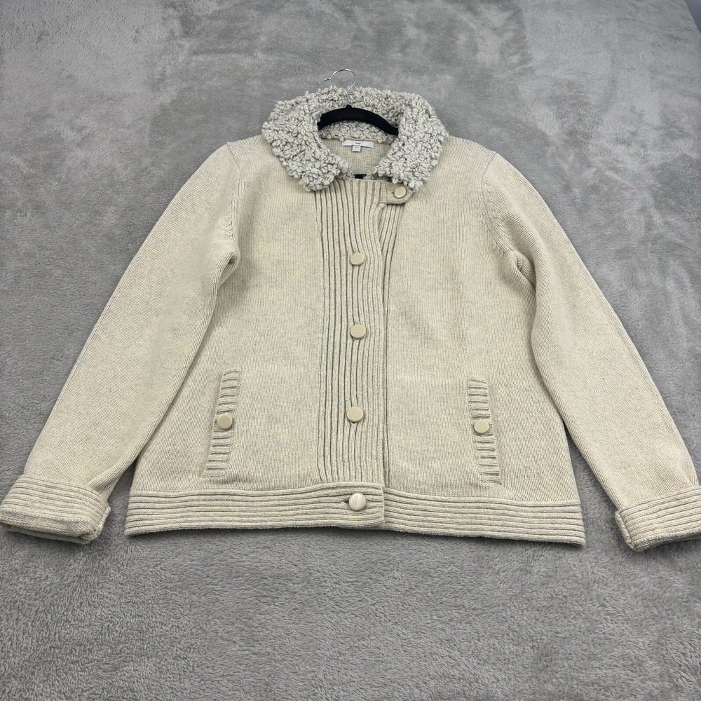 GAP 100% Wool Faux Shearling Collar Cardigan Womens L Beige Ribbed Grannycore